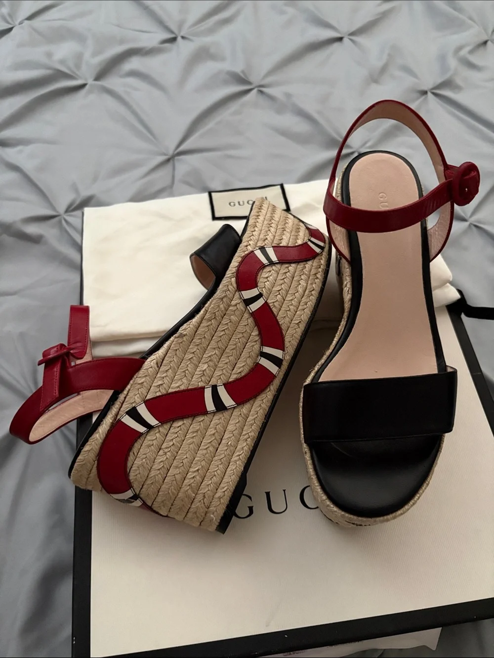 Gucci Black Leather Espadrille Sandals with Red Ankle Straps